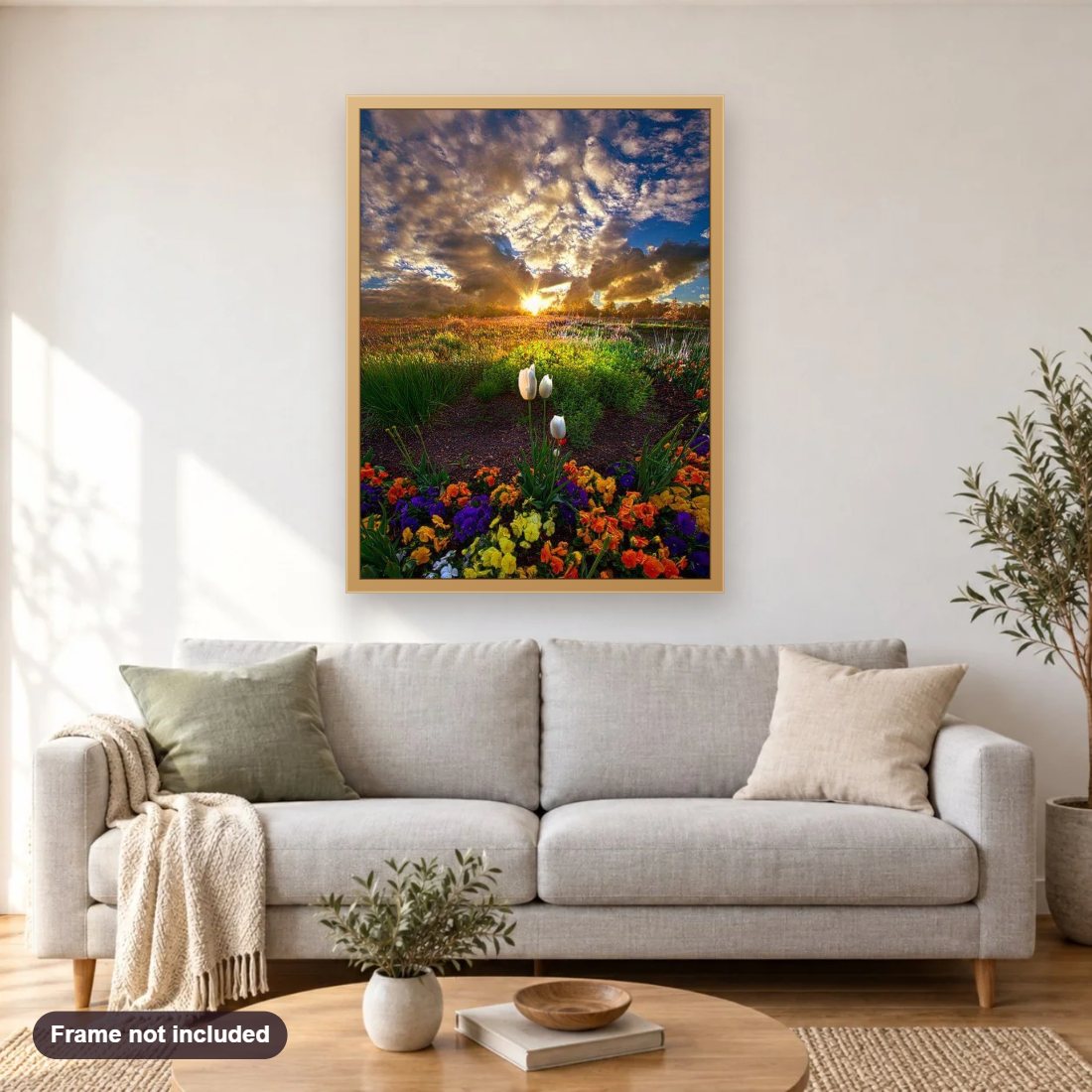 Nature in Heaven diamond painting shown framed on a living room wall above a sofa