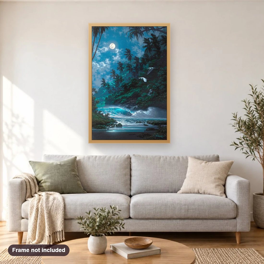 Nature & Stardust diamond painting shown framed on a living room wall above a sofa