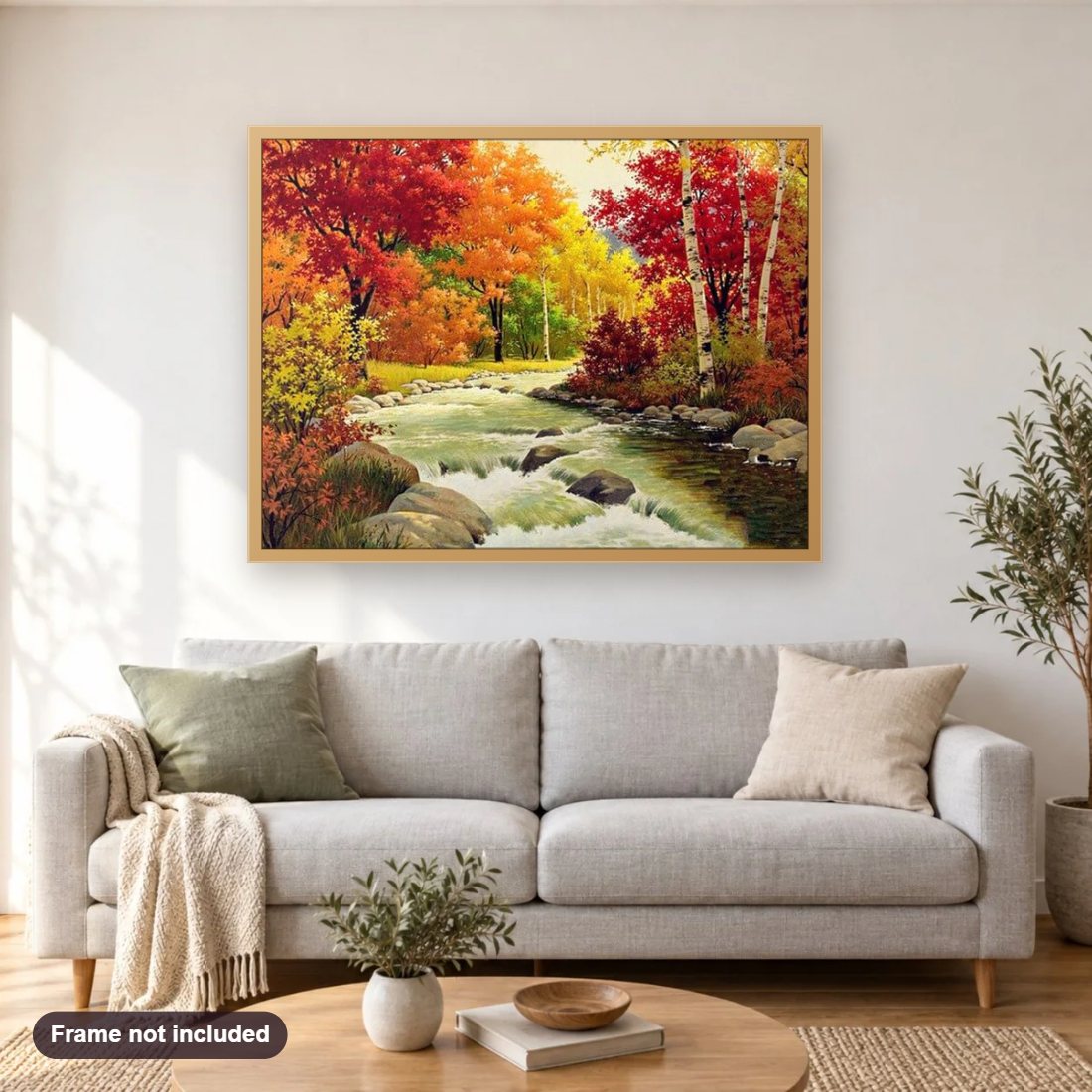 Nature View diamond painting shown framed on a living room wall above a sofa