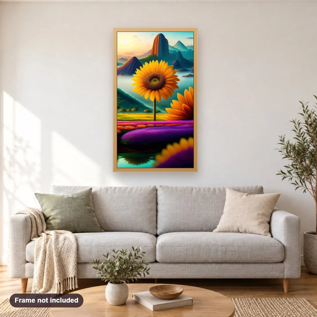 Nature's Endless Delights diamond painting shown framed on a living room wall above a sofa