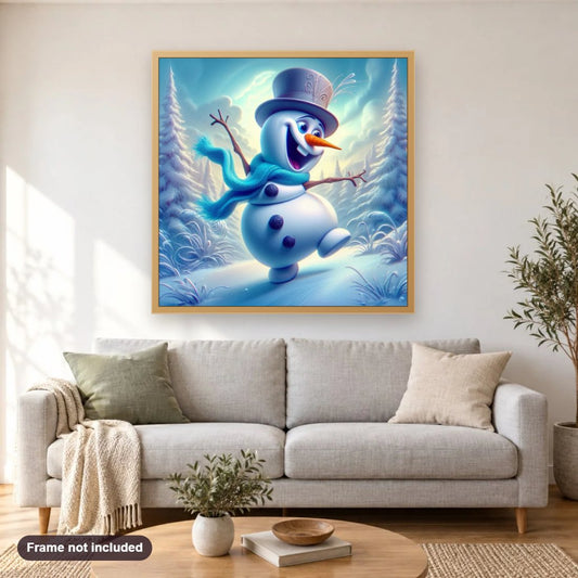 Naughty Snowman Olaf diamond painting shown framed on a living room wall above a sofa