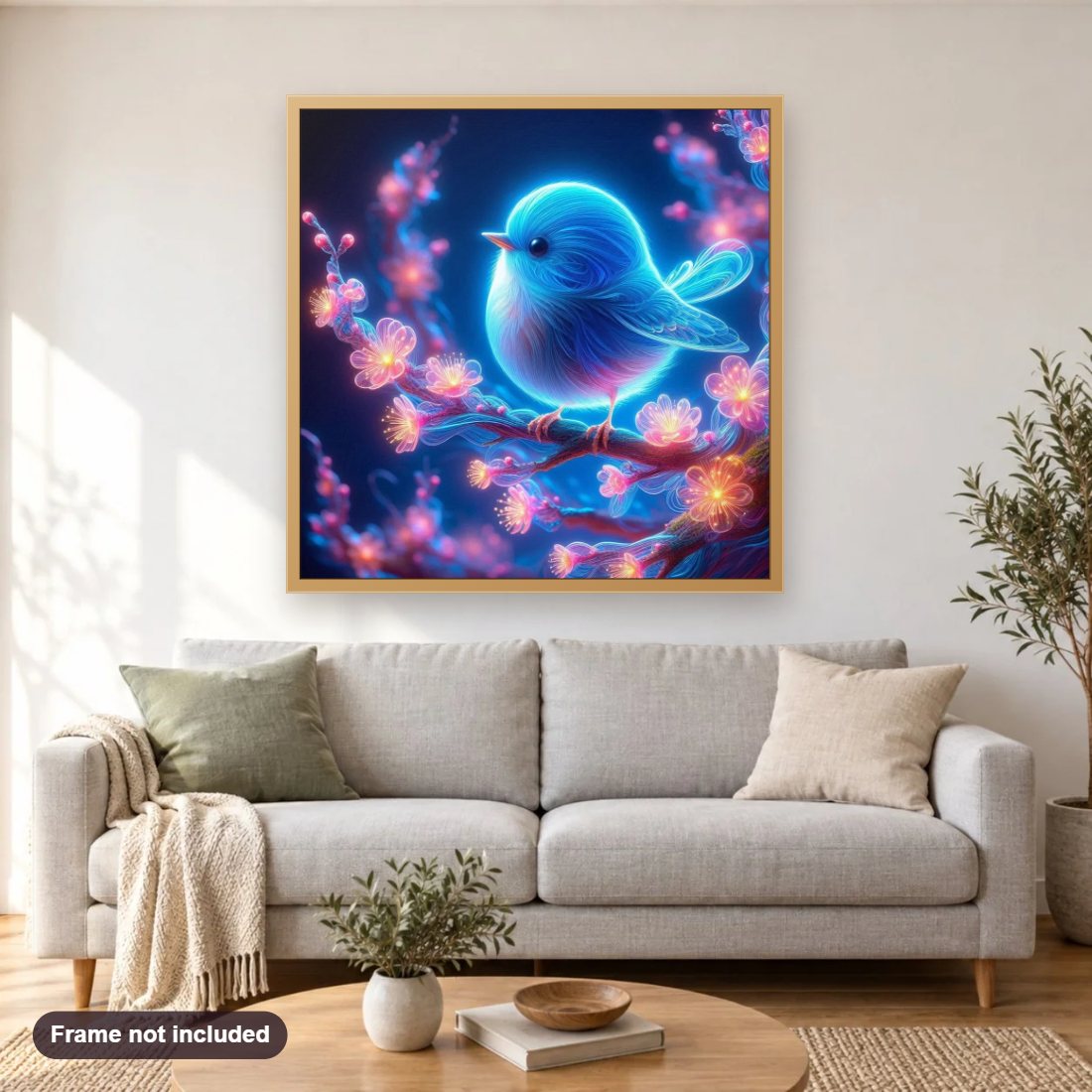 Neon Blue Tiny Tweet With Shining Flowers diamond painting shown framed on a living room wall above a sofa