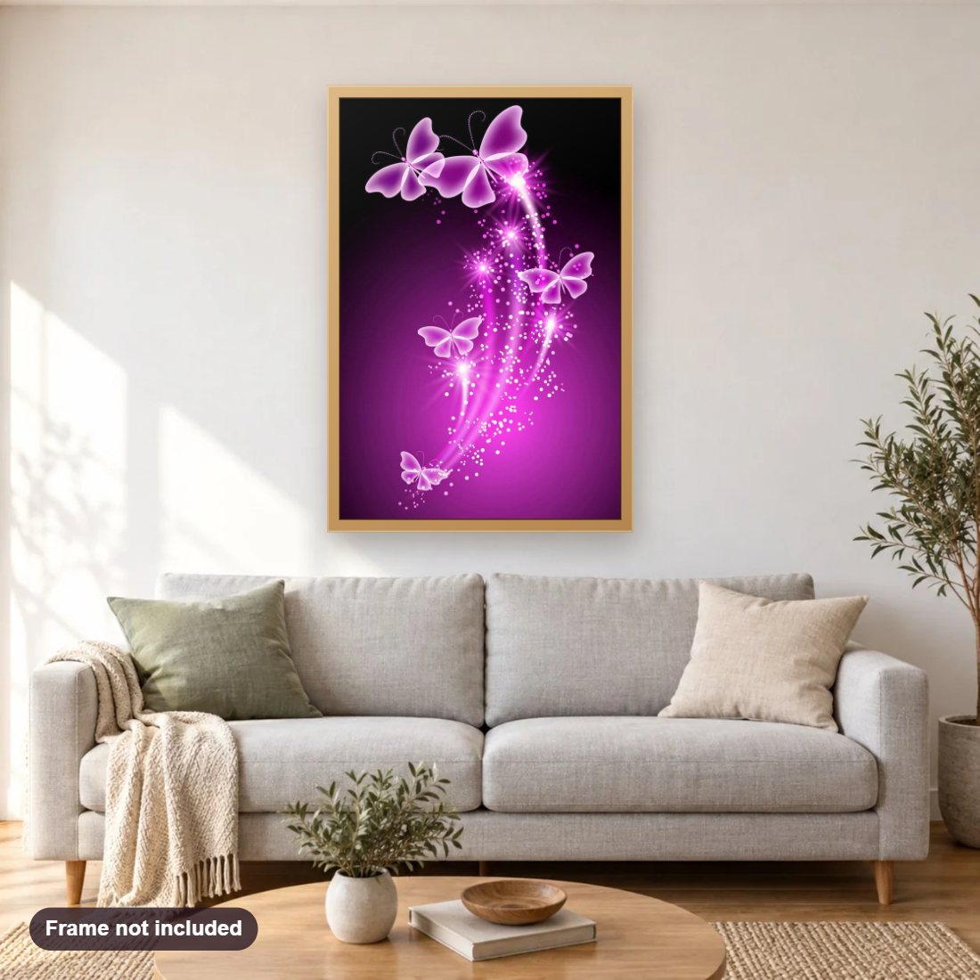 Neon Butterflies Sprinkling Magic diamond painting shown framed on a living room wall above a sofa