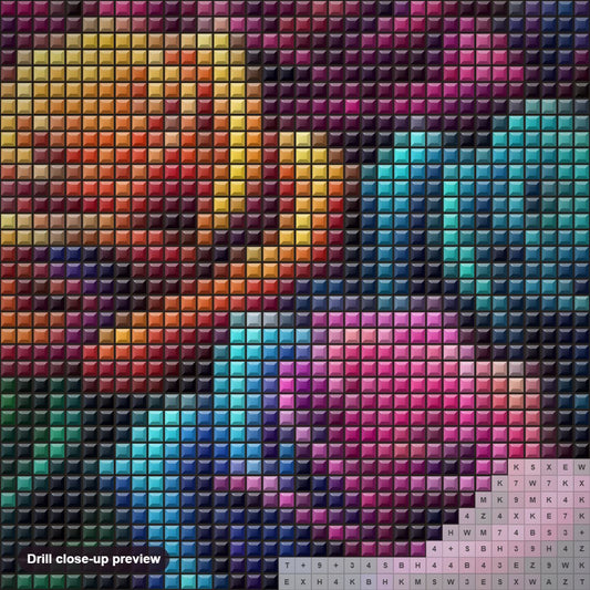 Close-up preview of the Neon Colored Roses Flowers diamond painting with square 5D drills and printed canvas symbols