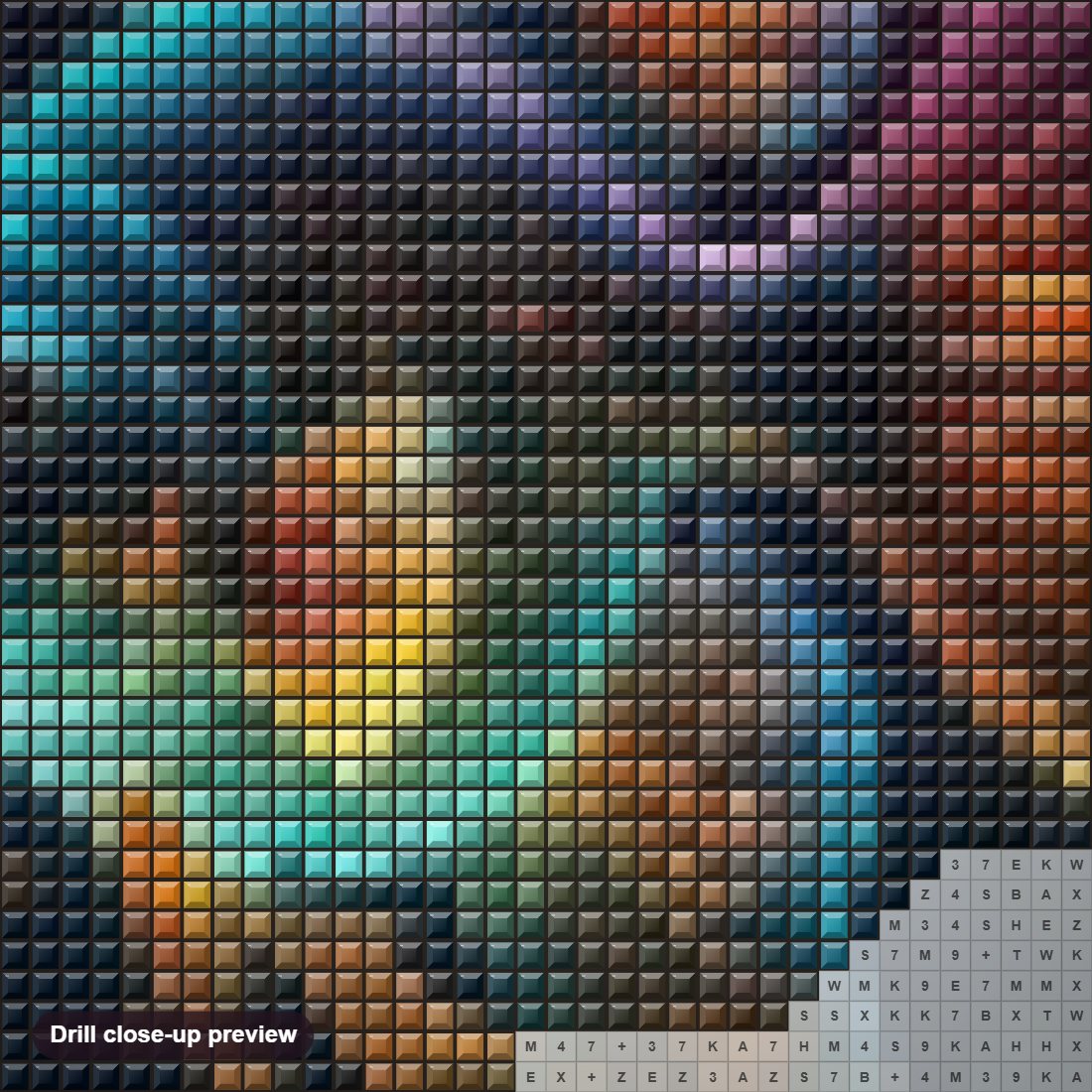 Close-up preview of the Neon Fish diamond painting with square 5D drills and printed canvas symbols