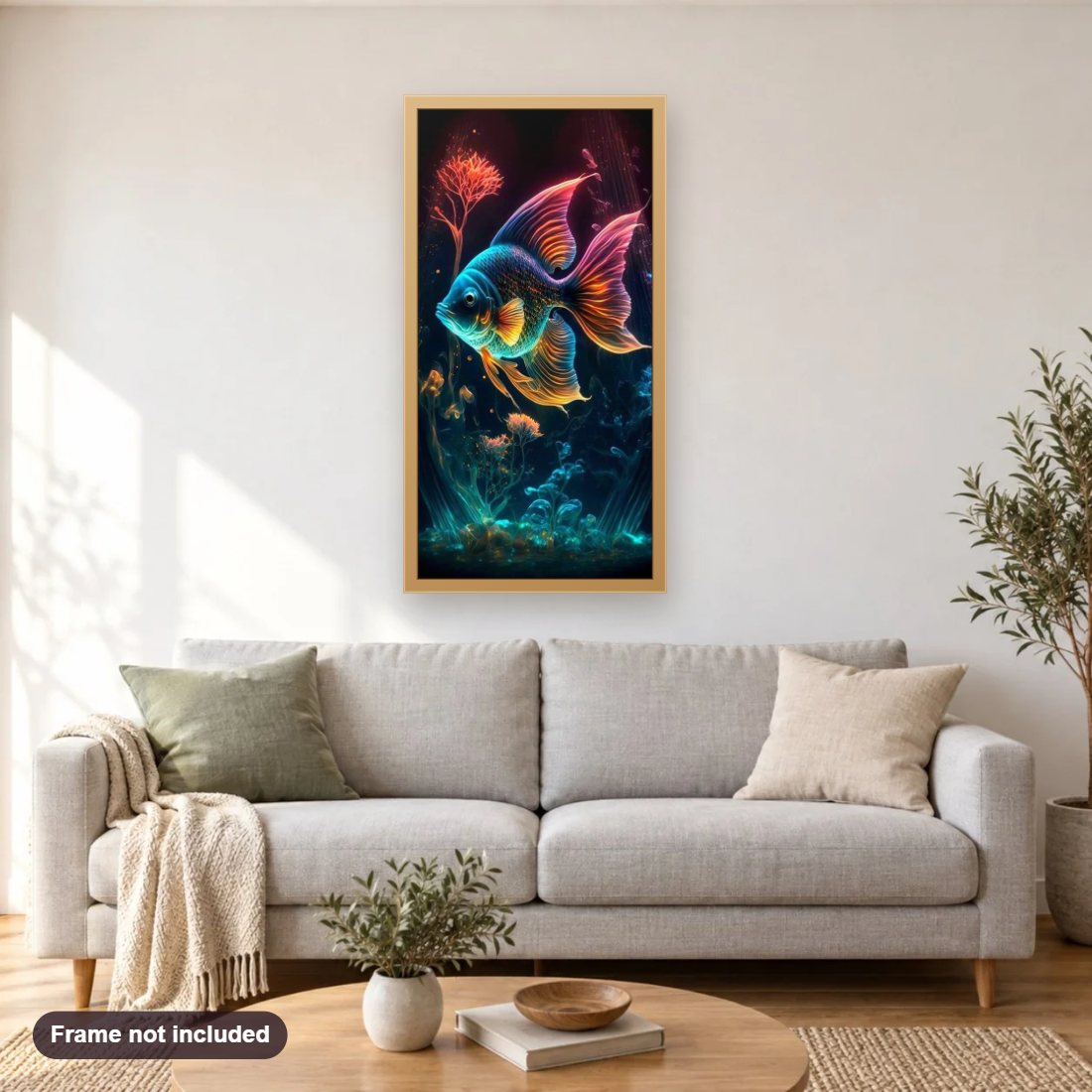 Neon Fish diamond painting shown framed on a living room wall above a sofa
