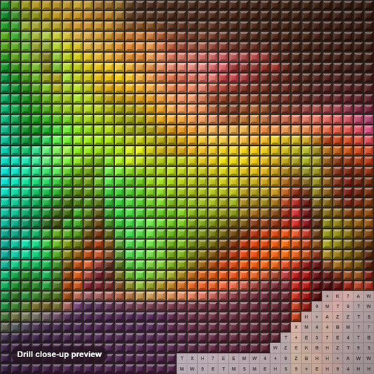 Close-up preview of the Neon Unicorn diamond painting with square 5D drills and printed canvas symbols