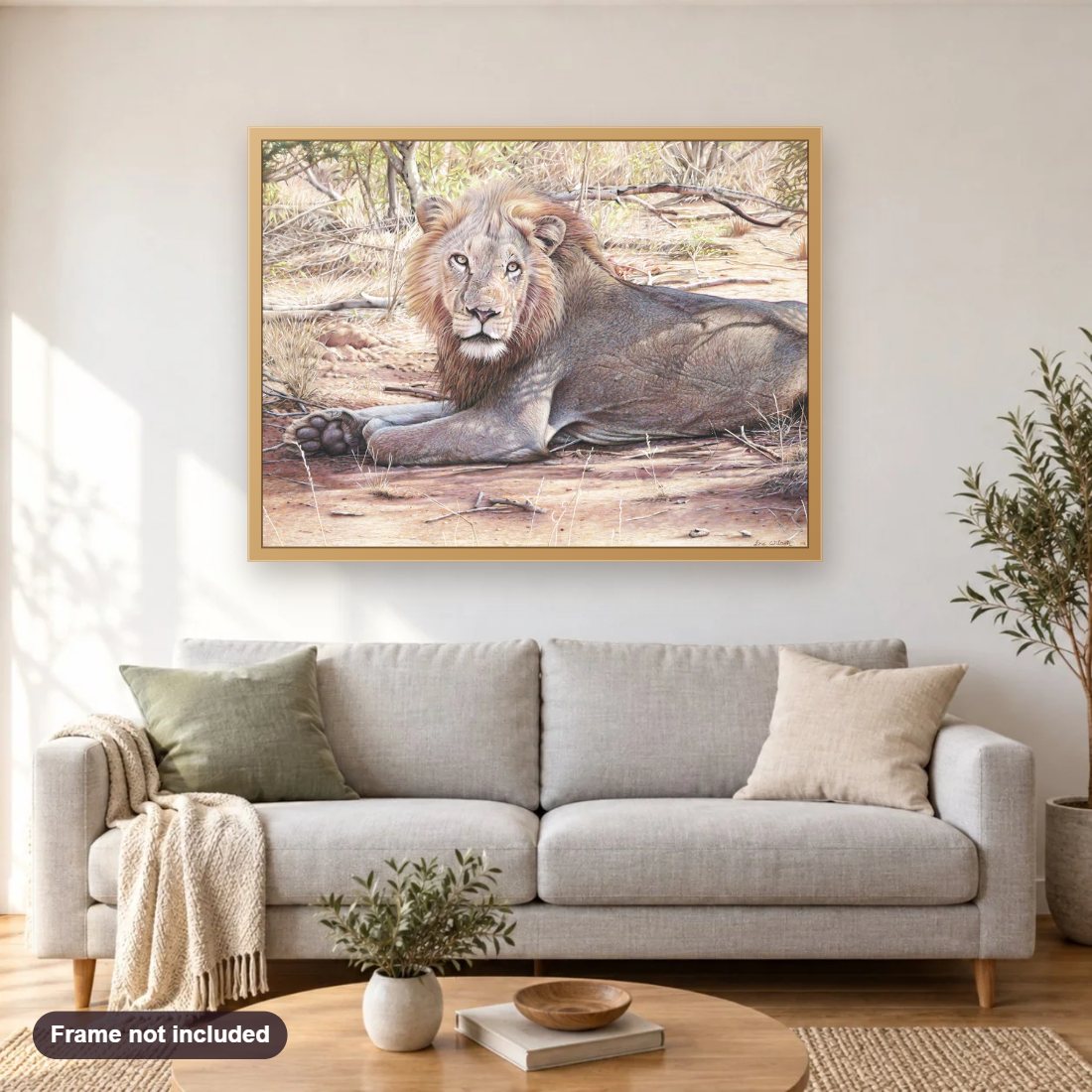 Ngala diamond painting shown framed on a living room wall above a sofa