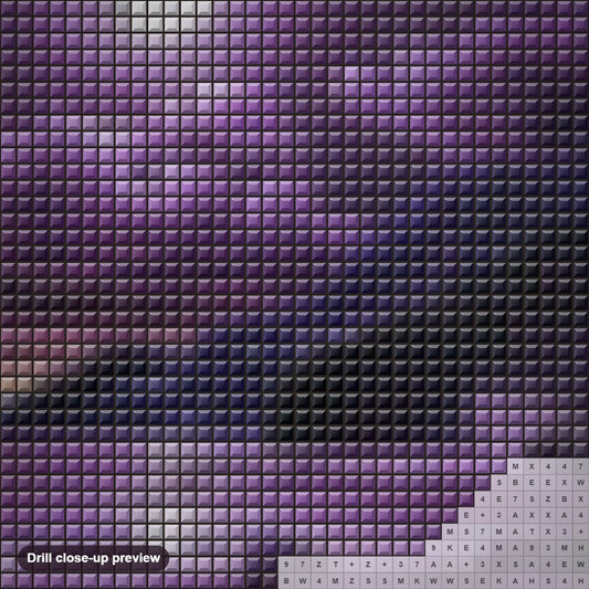 Close-up preview of the Night Moon & Purple Beach diamond painting with square 5D drills and printed canvas symbols