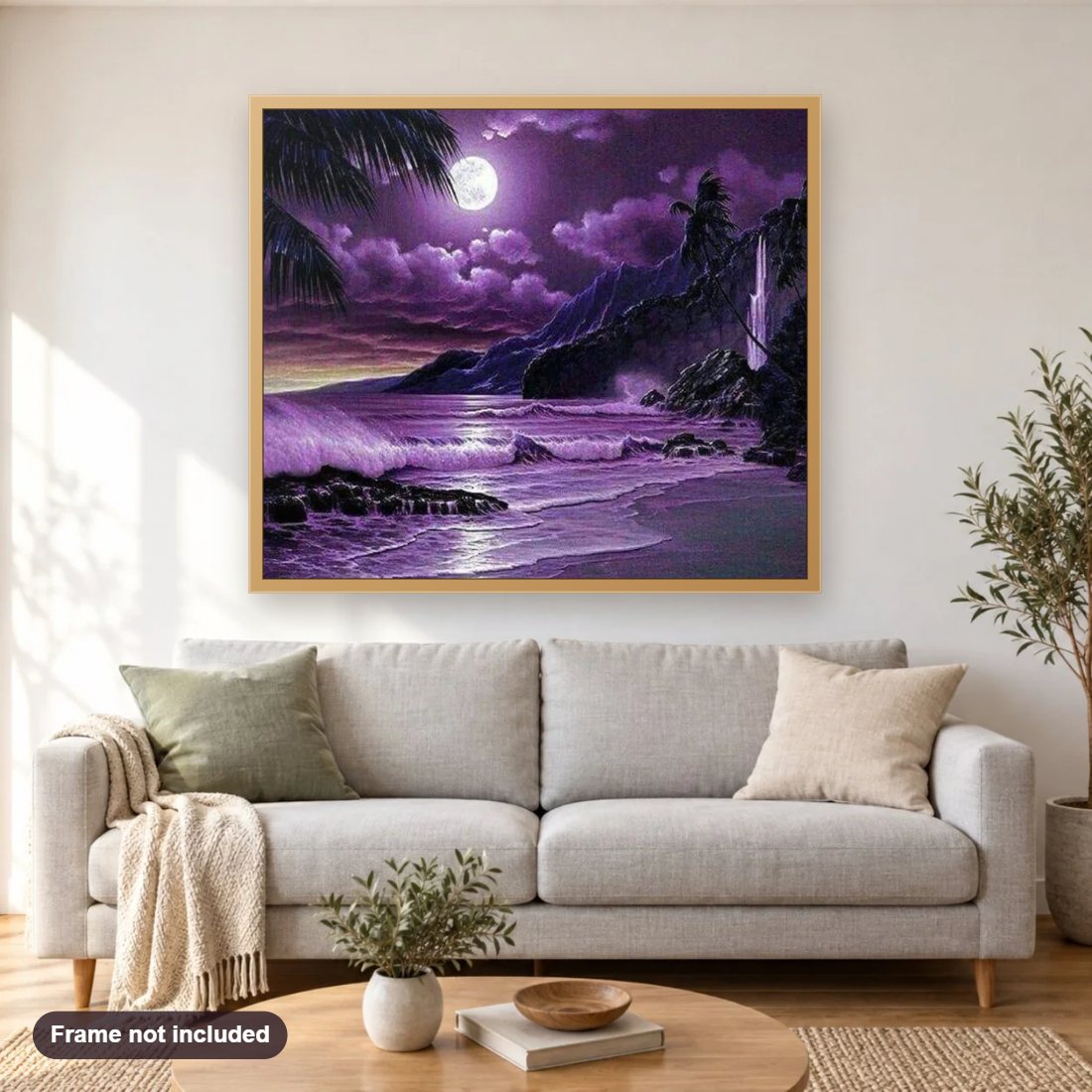 Night Moon & Purple Beach diamond painting shown framed on a living room wall above a sofa