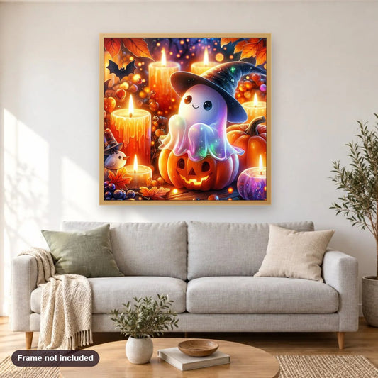 Night of Ghosts and Pumpkins diamond painting shown framed on a living room wall above a sofa