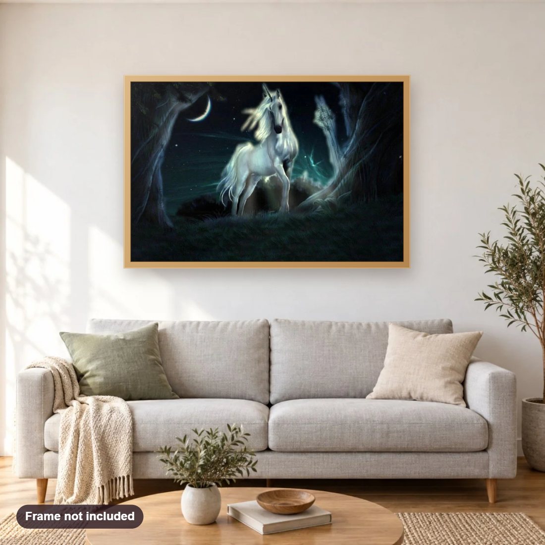 Night Sky & Stunning Unicorn diamond painting shown framed on a living room wall above a sofa