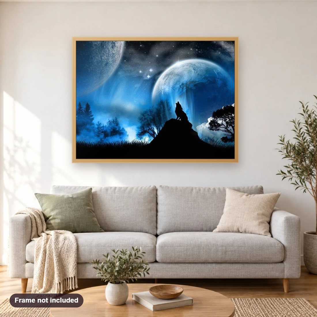 Night Wolf diamond painting shown framed on a living room wall above a sofa