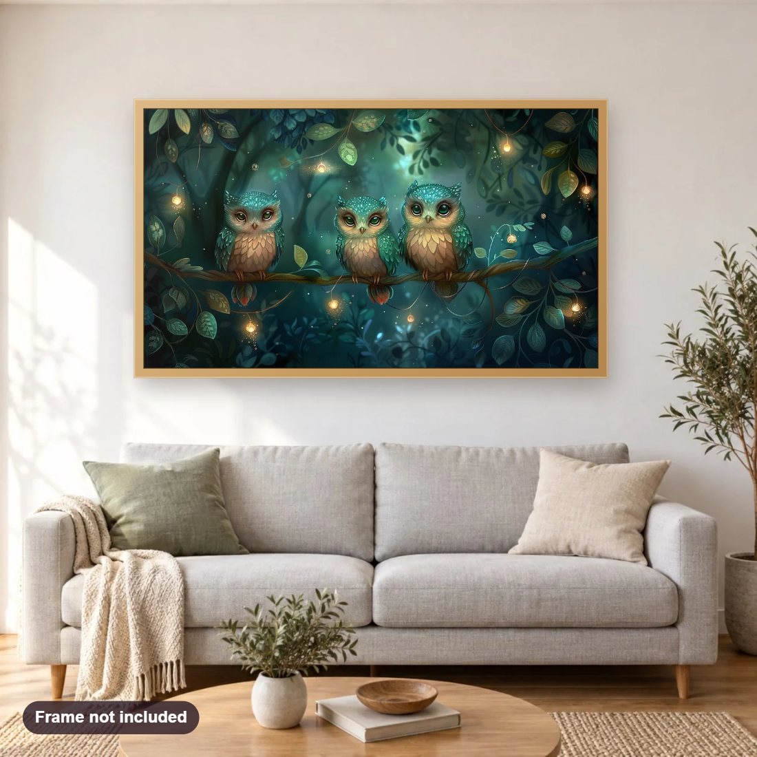 Nighttime Calls of Owls diamond painting shown framed on a living room wall above a sofa