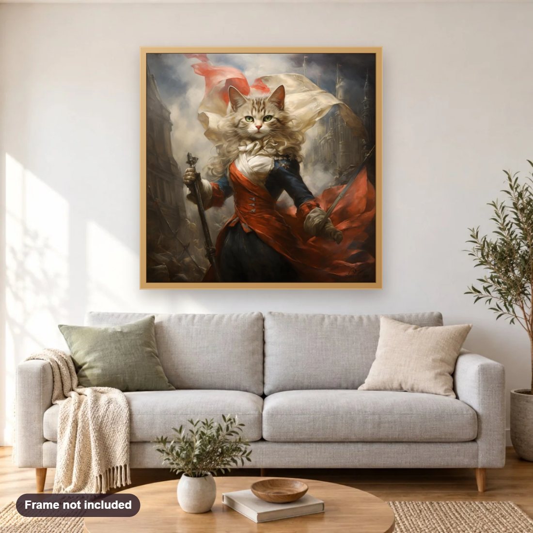 No One Can Defeat Me diamond painting shown framed on a living room wall above a sofa