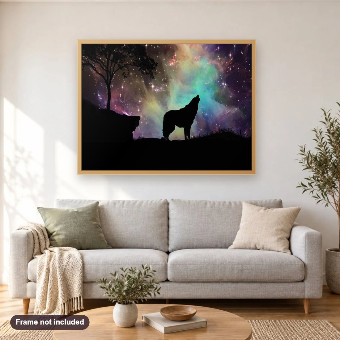 Northern Lights & Howling Wolf diamond painting shown framed on a living room wall above a sofa