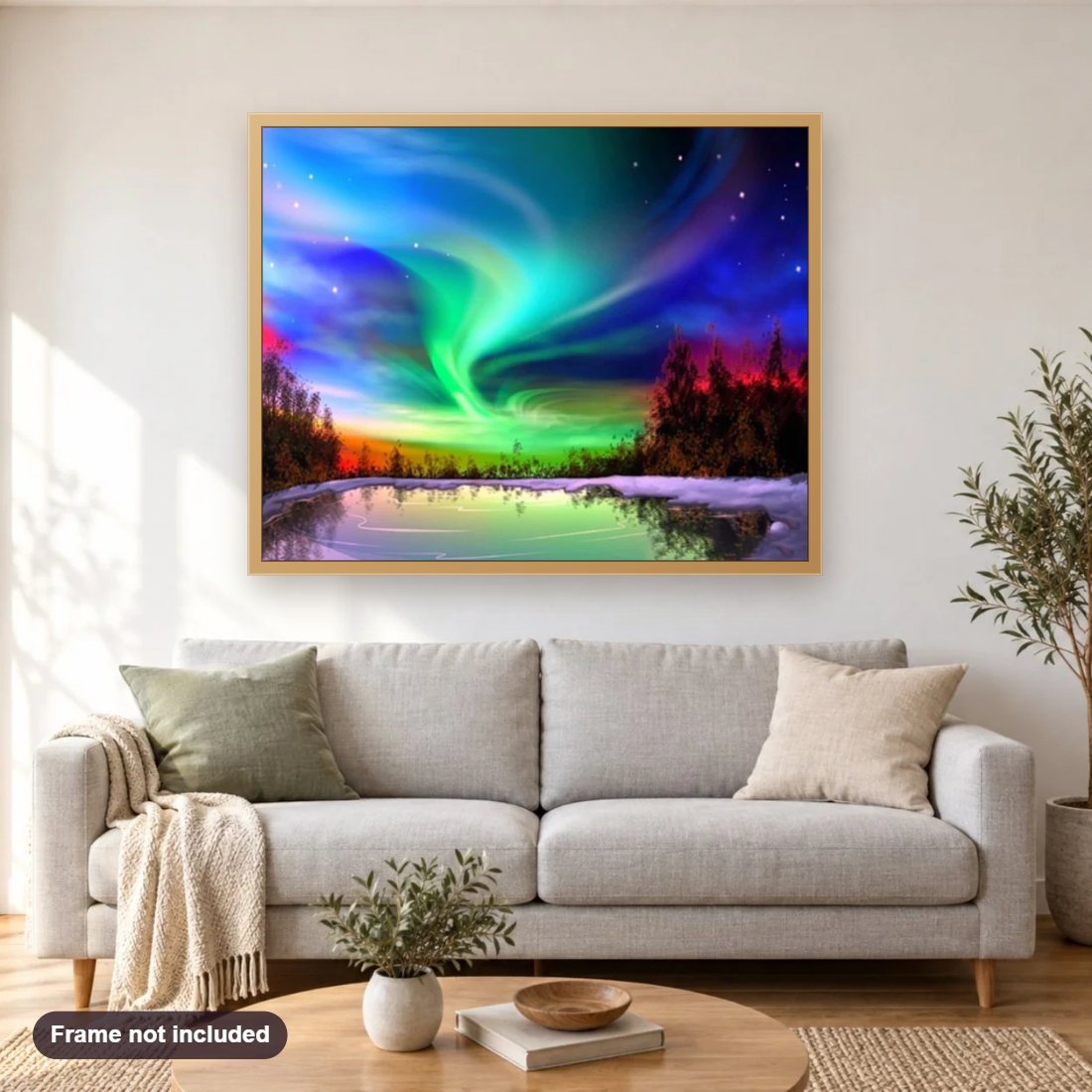 Northern Lights United States diamond painting shown framed on a living room wall above a sofa
