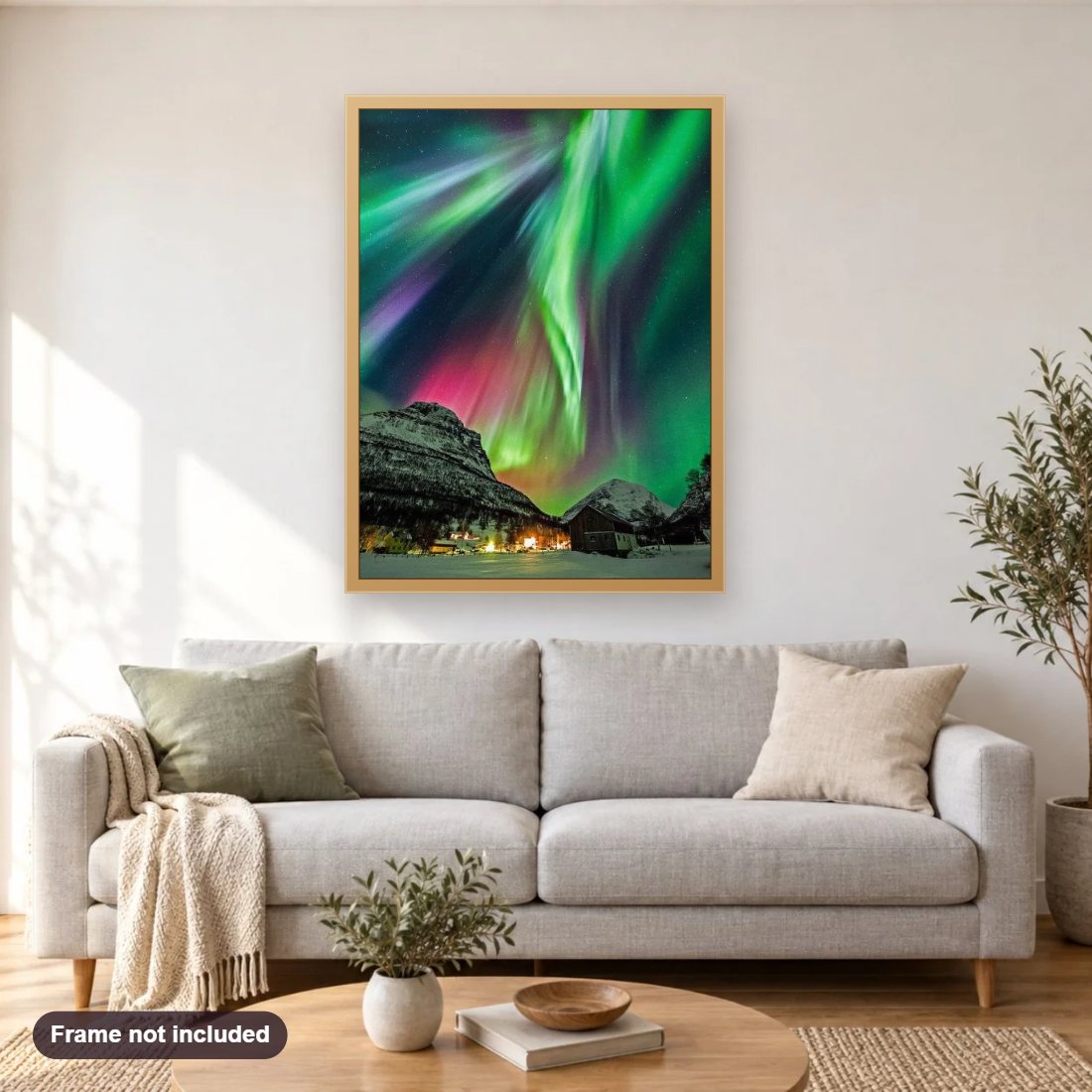 Norway Northern Lights diamond painting shown framed on a living room wall above a sofa