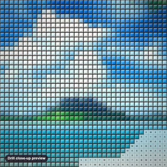 Close-up preview of the Ocean Landscape diamond painting with square 5D drills and printed canvas symbols