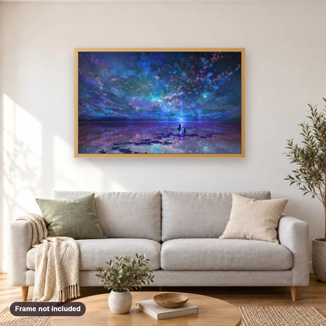 Ocean Stars diamond painting shown framed on a living room wall above a sofa