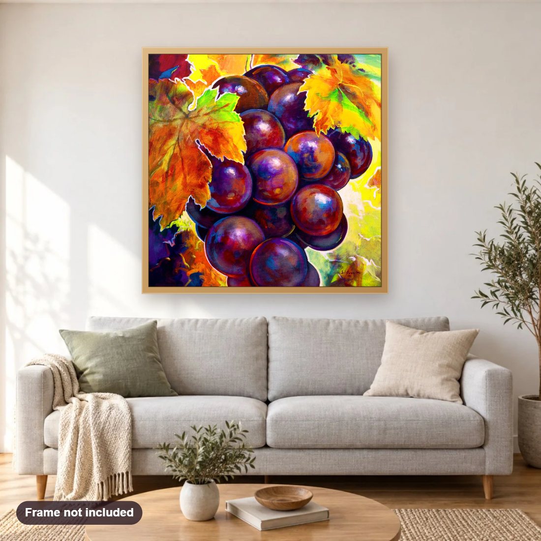 Ode To Joy diamond painting shown framed on a living room wall above a sofa