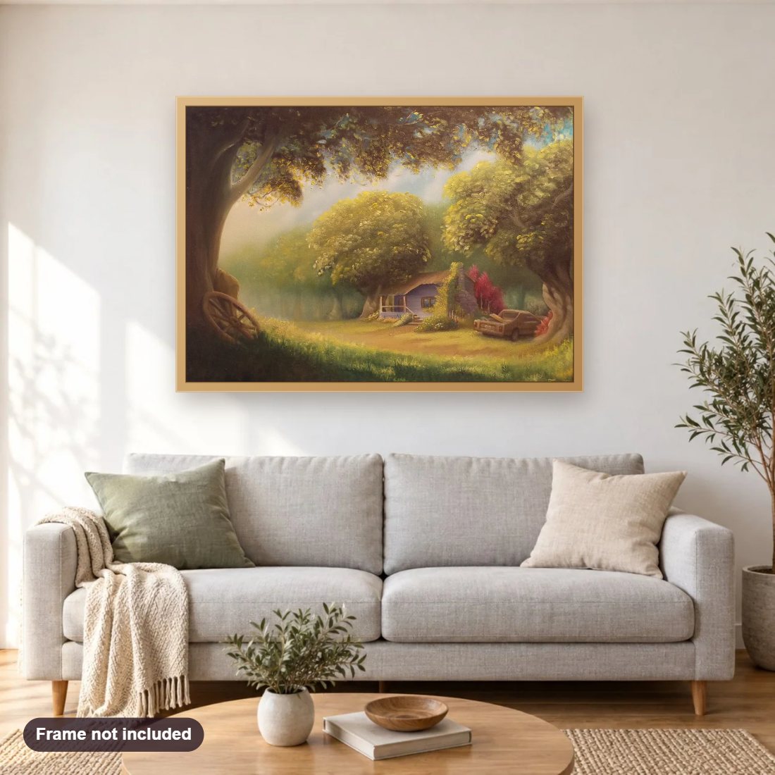 Old Orchard Road diamond painting shown framed on a living room wall above a sofa