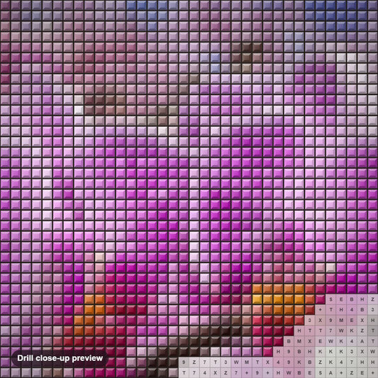 Close-up preview of the Orchids & Butterflies diamond painting with square 5D drills and printed canvas symbols