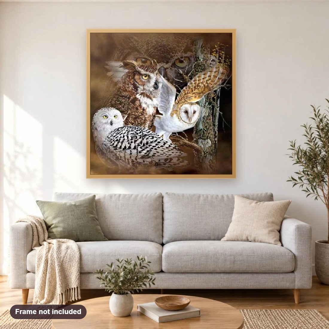 Owl Breeds diamond painting shown framed on a living room wall above a sofa