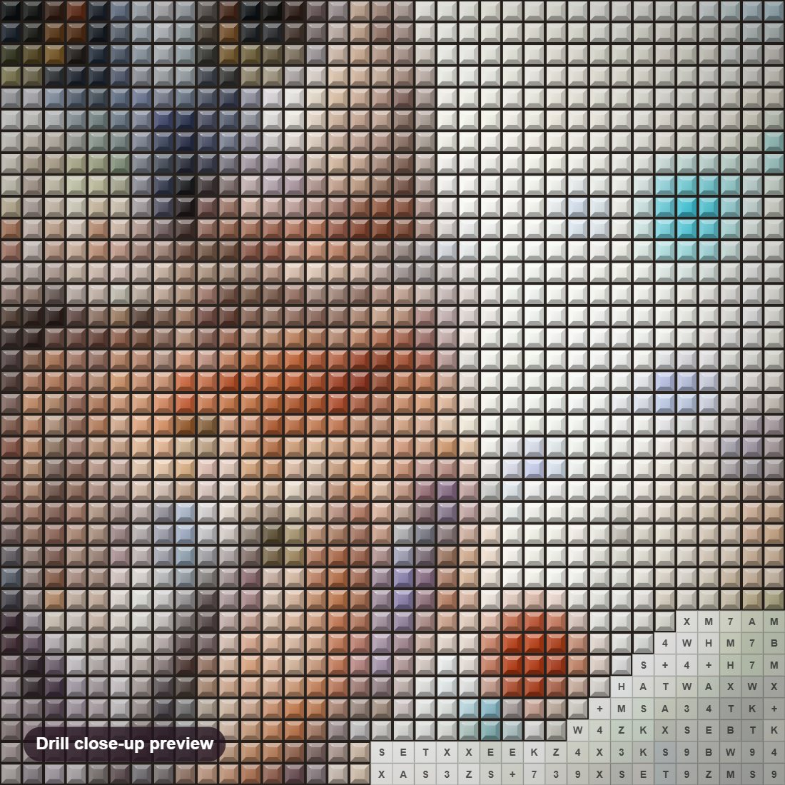 Close-up preview of the Owl diamond painting with square 5D drills and printed canvas symbols