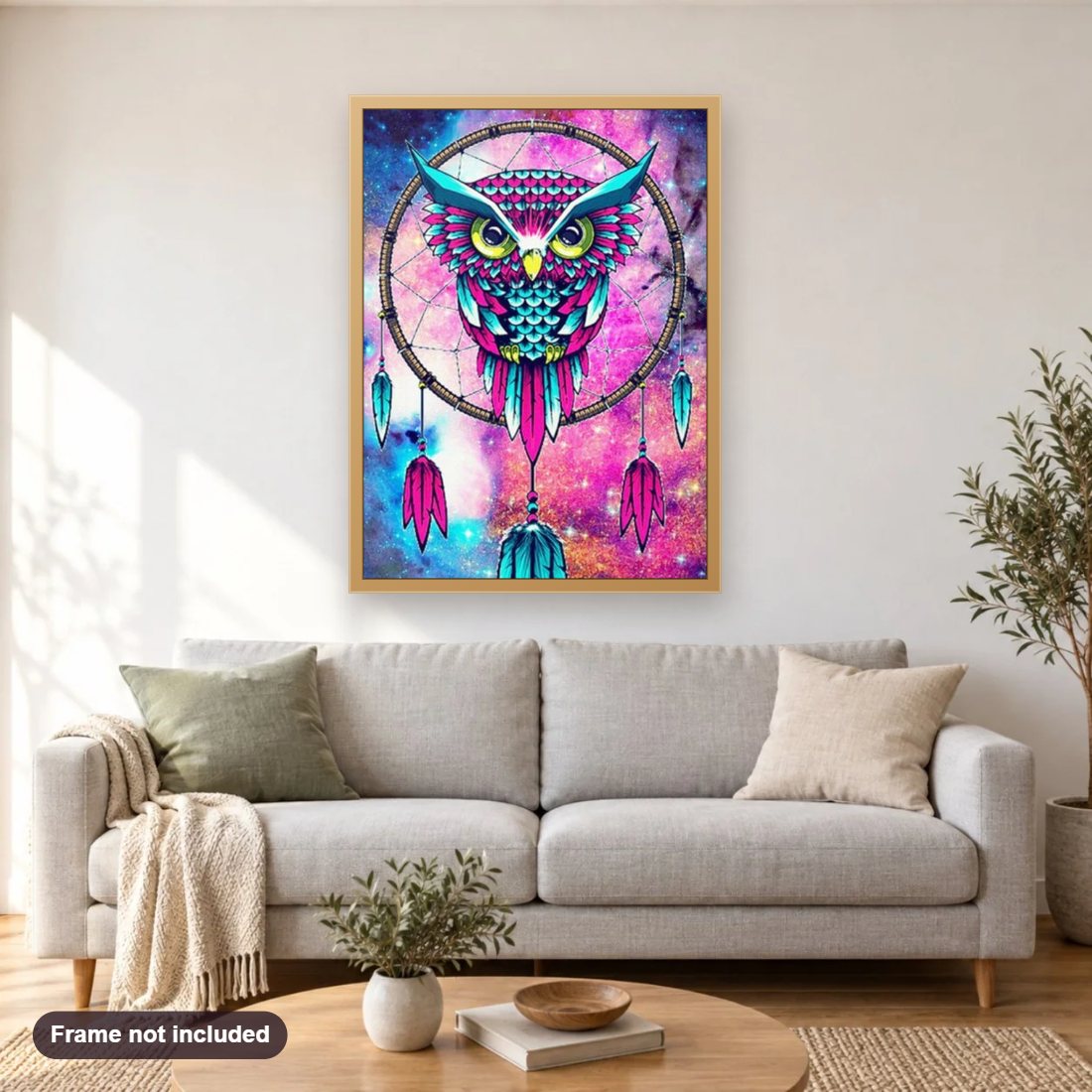 Owl Dream Catcher diamond painting shown framed on a living room wall above a sofa