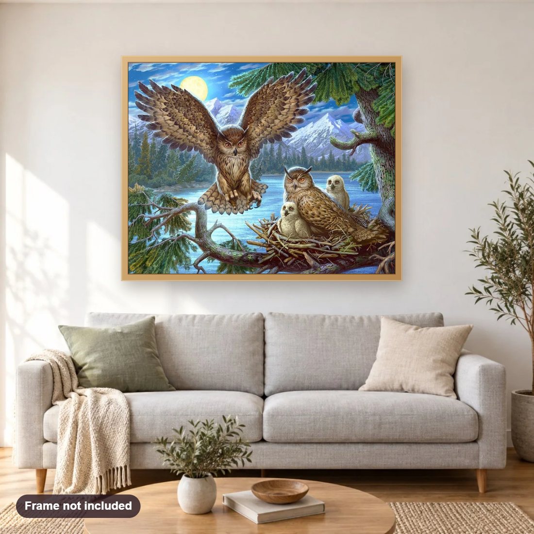 Owl Flying Back to Nest diamond painting shown framed on a living room wall above a sofa