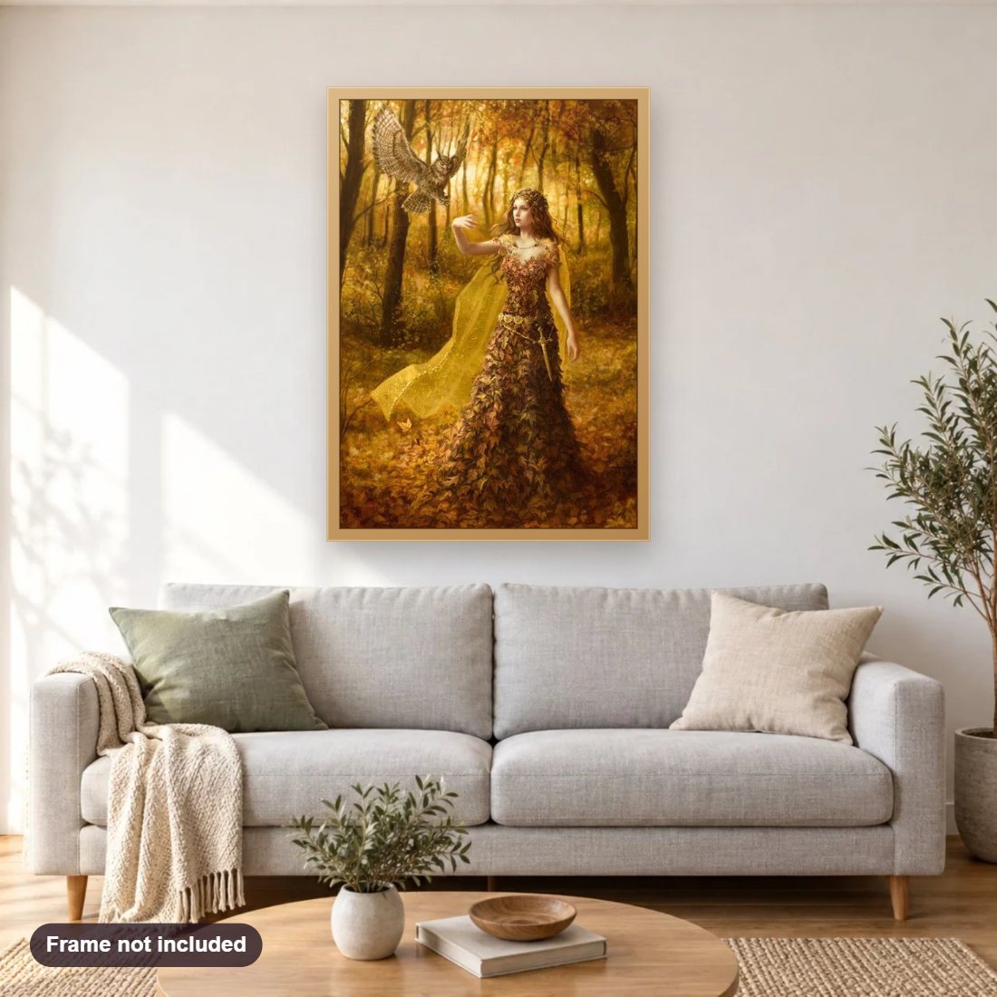 Owl Lady in the Autumn Forest diamond painting shown framed on a living room wall above a sofa