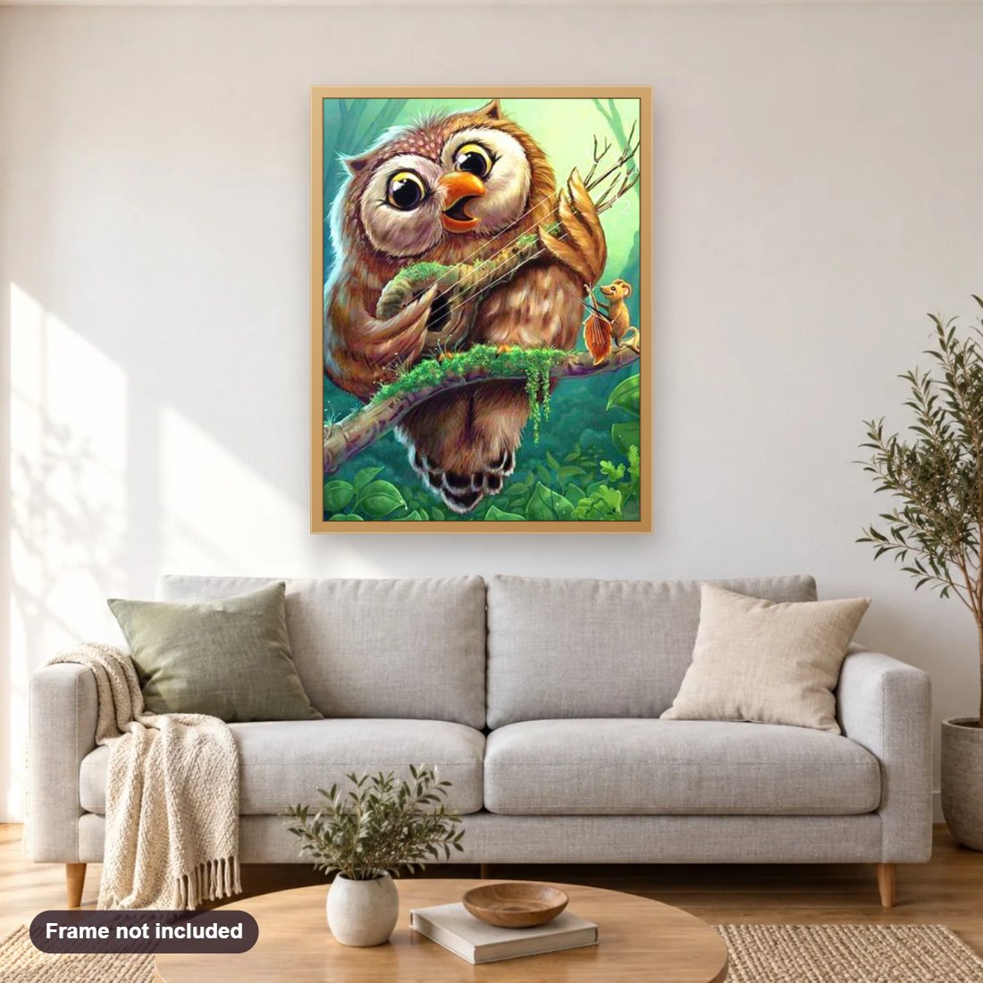 Owl Playing Guitar diamond painting shown framed on a living room wall above a sofa
