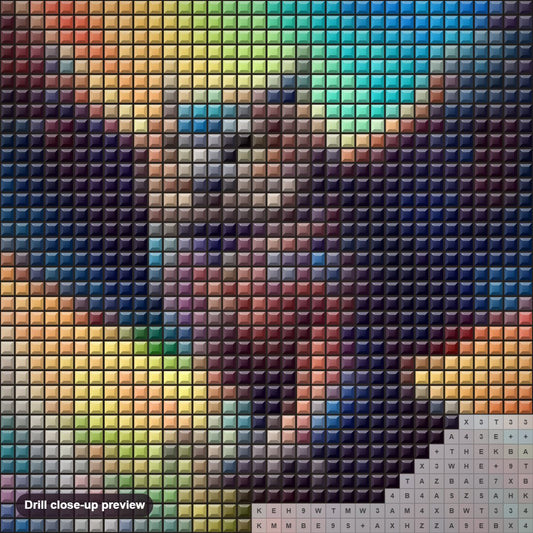 Close-up preview of the Owl Soaring in a Colored Sky diamond painting with square 5D drills and printed canvas symbols