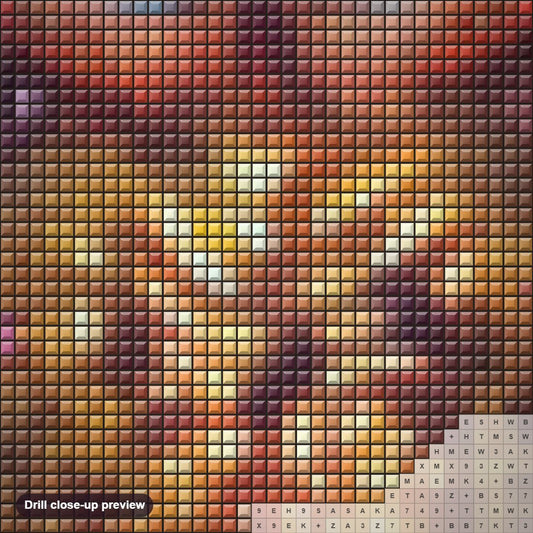 Close-up preview of the Owl's Magic diamond painting with square 5D drills and printed canvas symbols