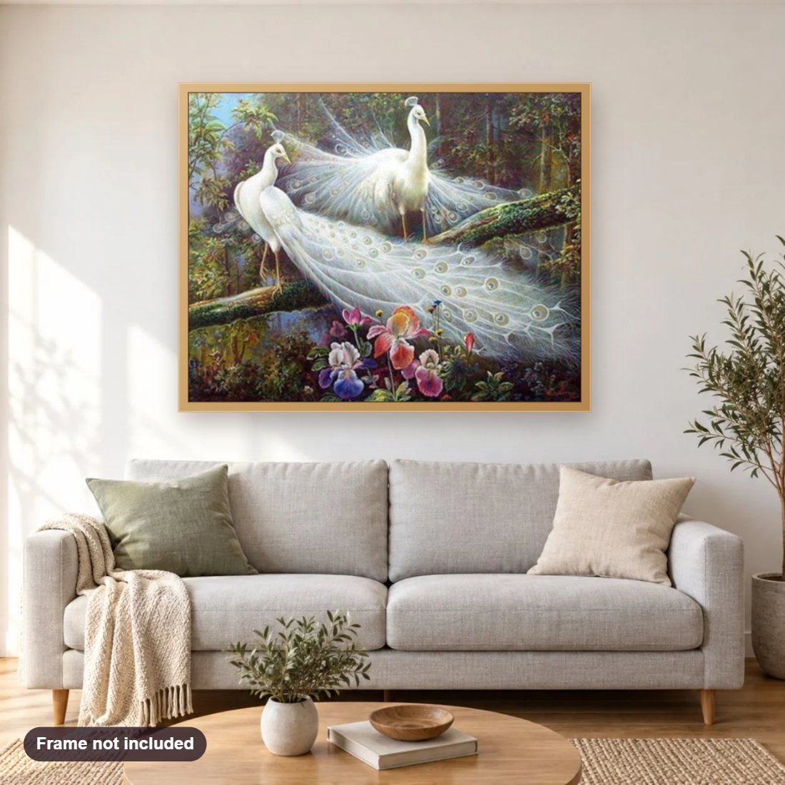 Pair of White Peacocks diamond painting shown framed on a living room wall above a sofa