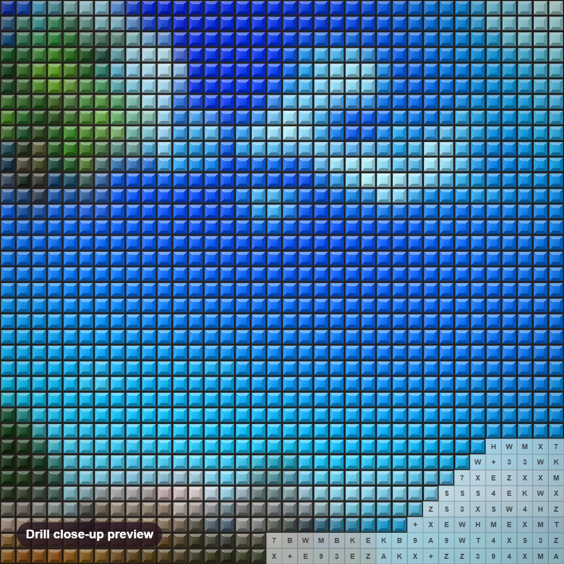 Close-up preview of the Palm Trees & Blue Ocean diamond painting with square 5D drills and printed canvas symbols