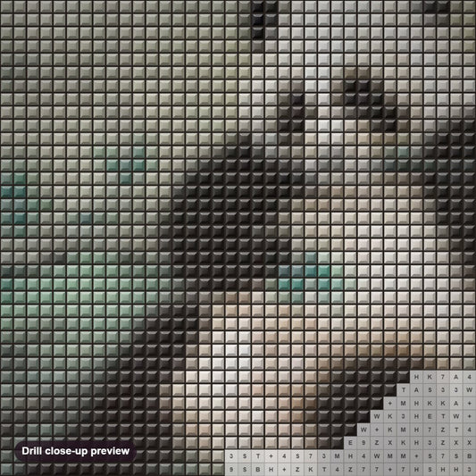Close-up preview of the Panda Eating Bamboo diamond painting with square 5D drills and printed canvas symbols