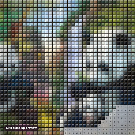 Close-up preview of the Panda Family diamond painting with square 5D drills and printed canvas symbols