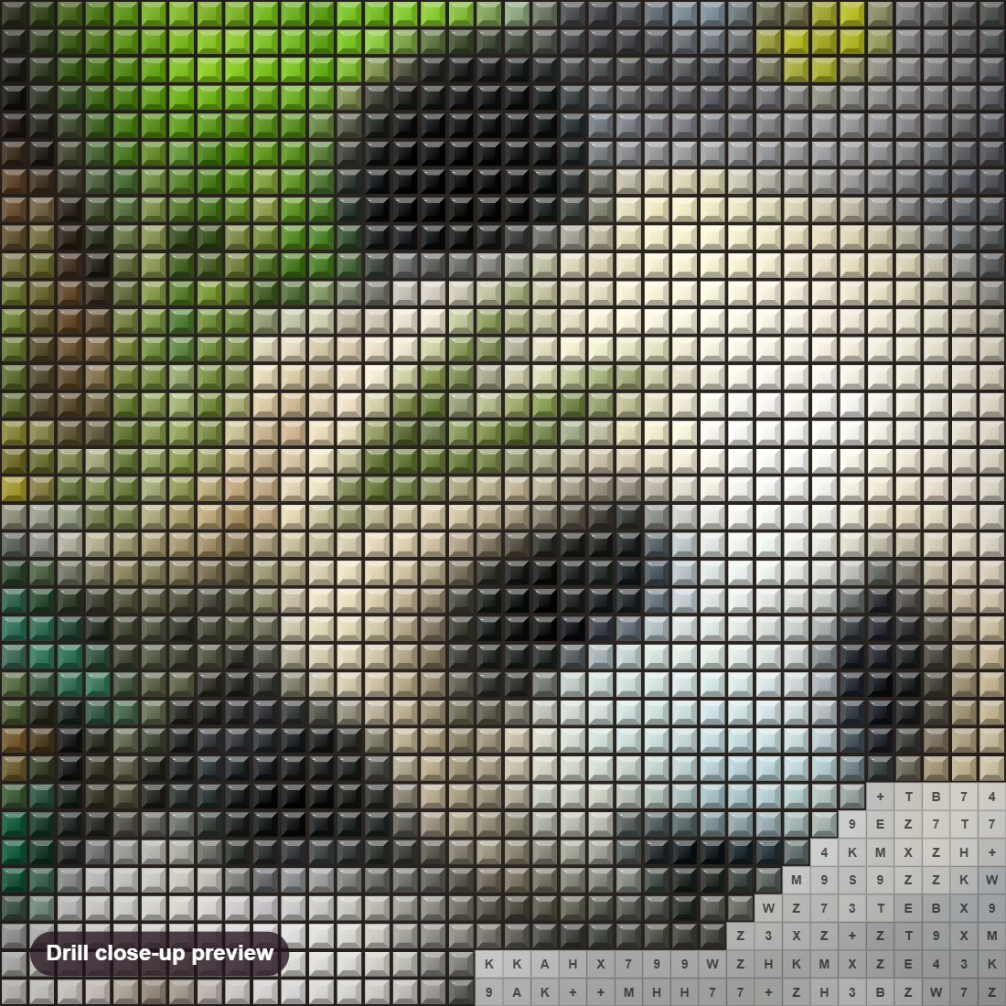 Close-up preview of the Pandas, Sparrows & Butterflies diamond painting with square 5D drills and printed canvas symbols
