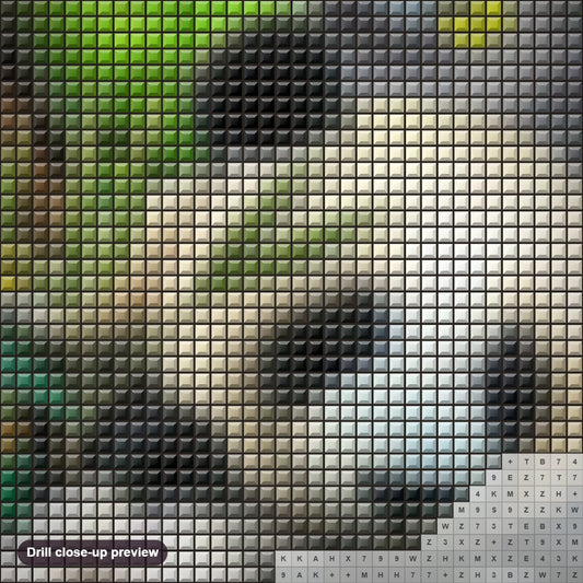 Close-up preview of the Pandas, Sparrows & Butterflies diamond painting with square 5D drills and printed canvas symbols