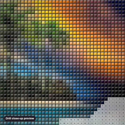 Close-up preview of the Paradise Landscape diamond painting with square 5D drills and printed canvas symbols