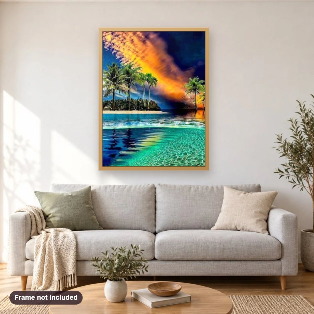 Paradise Landscape diamond painting shown framed on a living room wall above a sofa
