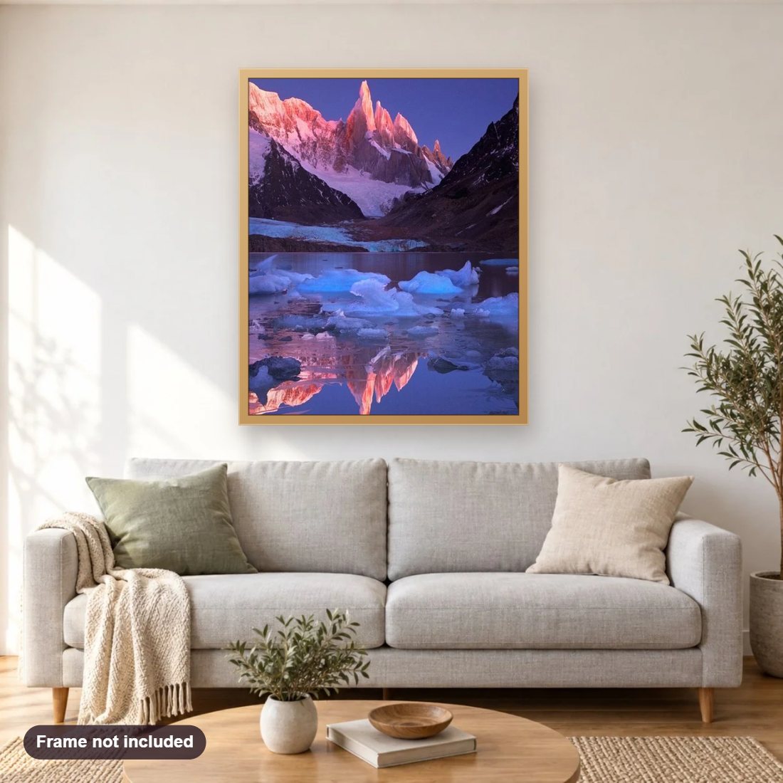 Paradise Places diamond painting shown framed on a living room wall above a sofa