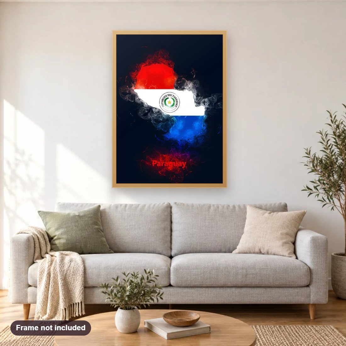 Paraguay Country Map diamond painting shown framed on a living room wall above a sofa