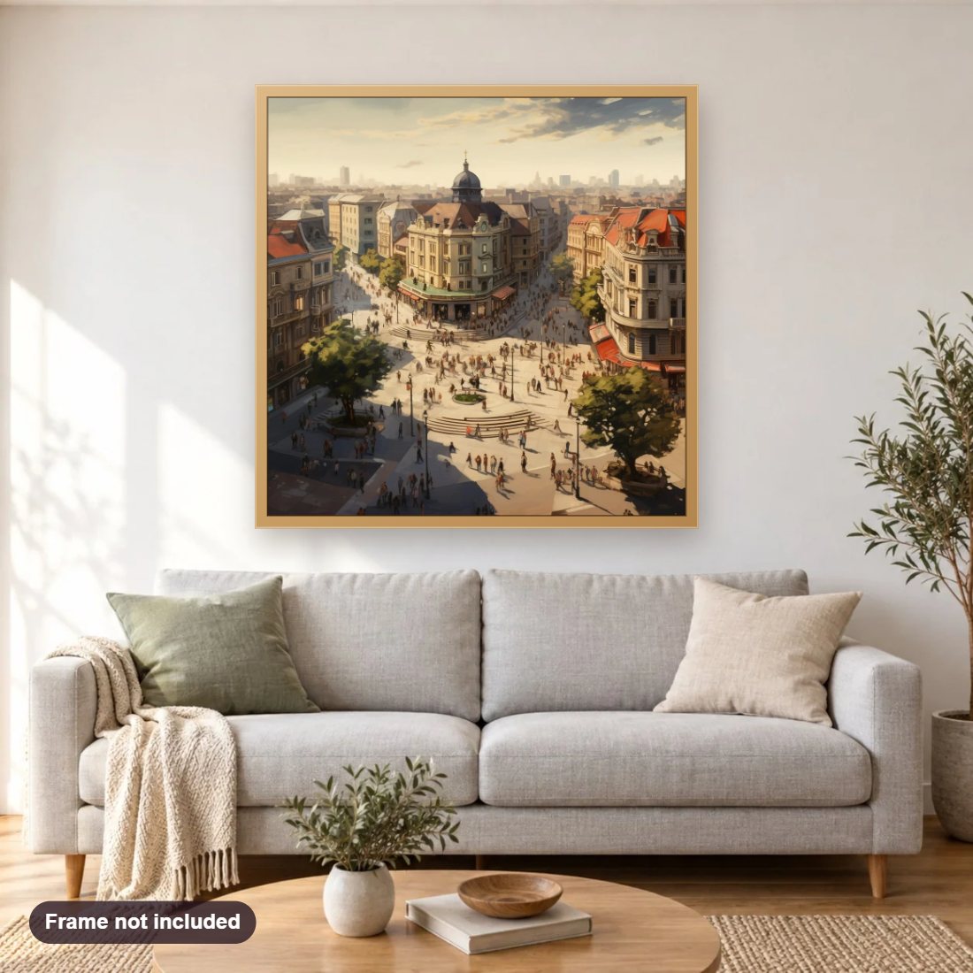 Paris Courtyard City diamond painting shown framed on a living room wall above a sofa