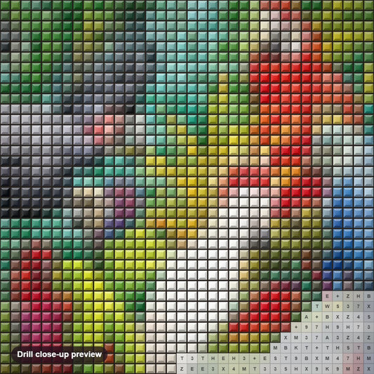 Close-up preview of the Parrots Kingdom diamond painting with square 5D drills and printed canvas symbols