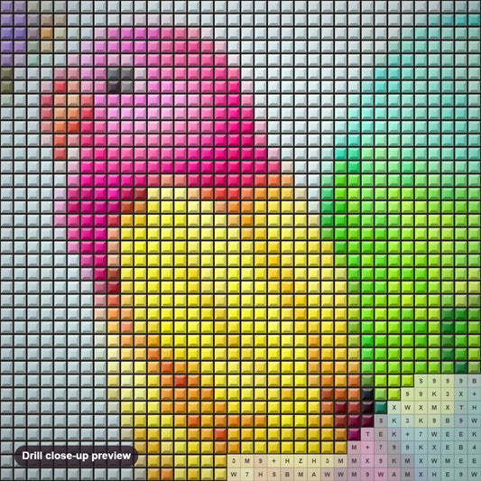 Close-up preview of the Parrots Pair diamond painting with square 5D drills and printed canvas symbols