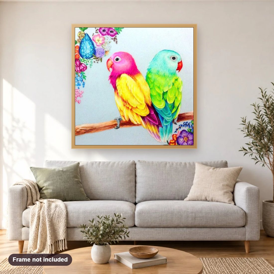 Parrots Pair diamond painting shown framed on a living room wall above a sofa