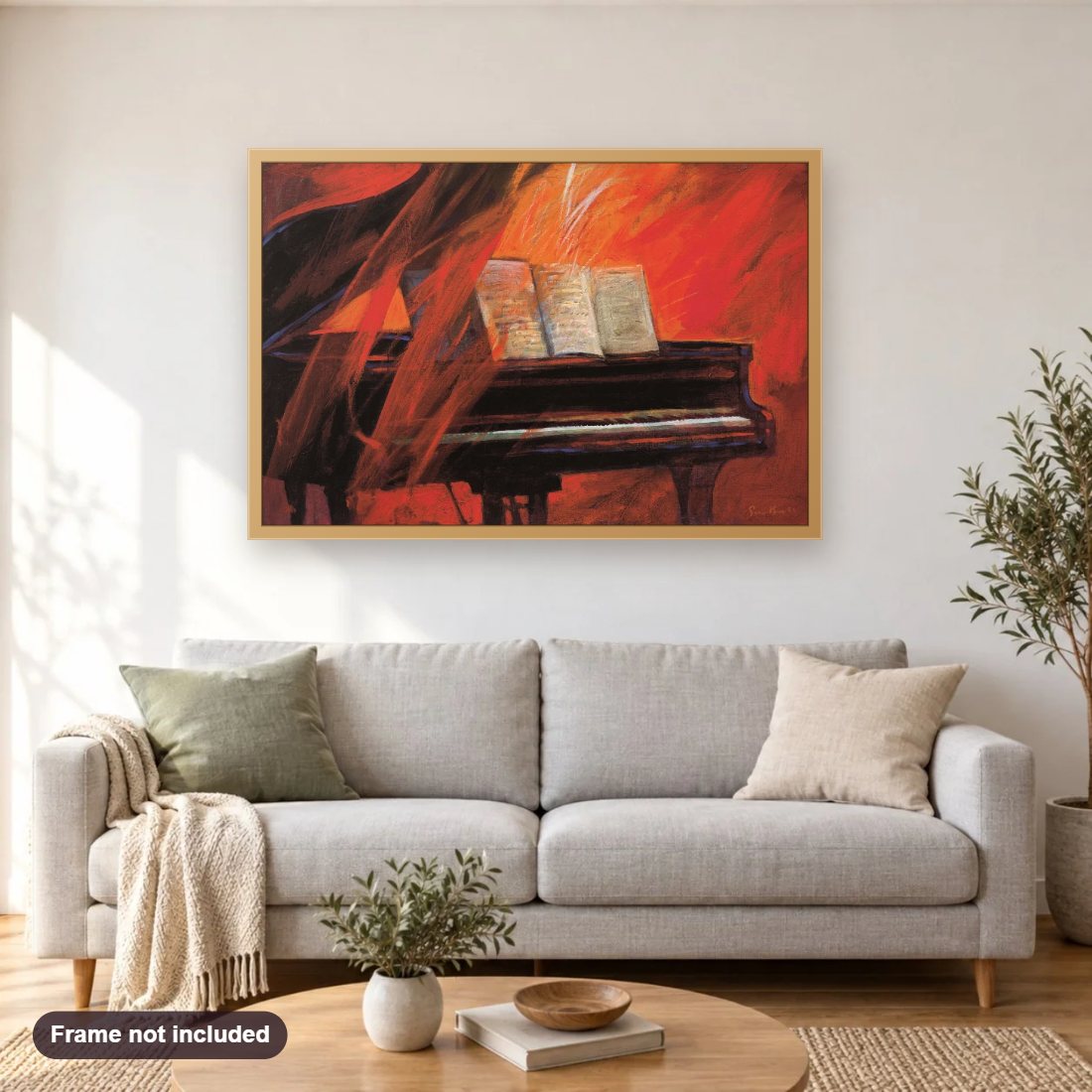 Passion diamond painting shown framed on a living room wall above a sofa